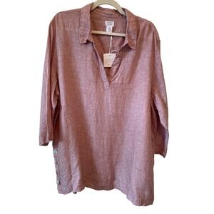 Sigrid Olsen Size 2X Red Linen Tunic Top Button Accent Popover 3/4 Sleeves